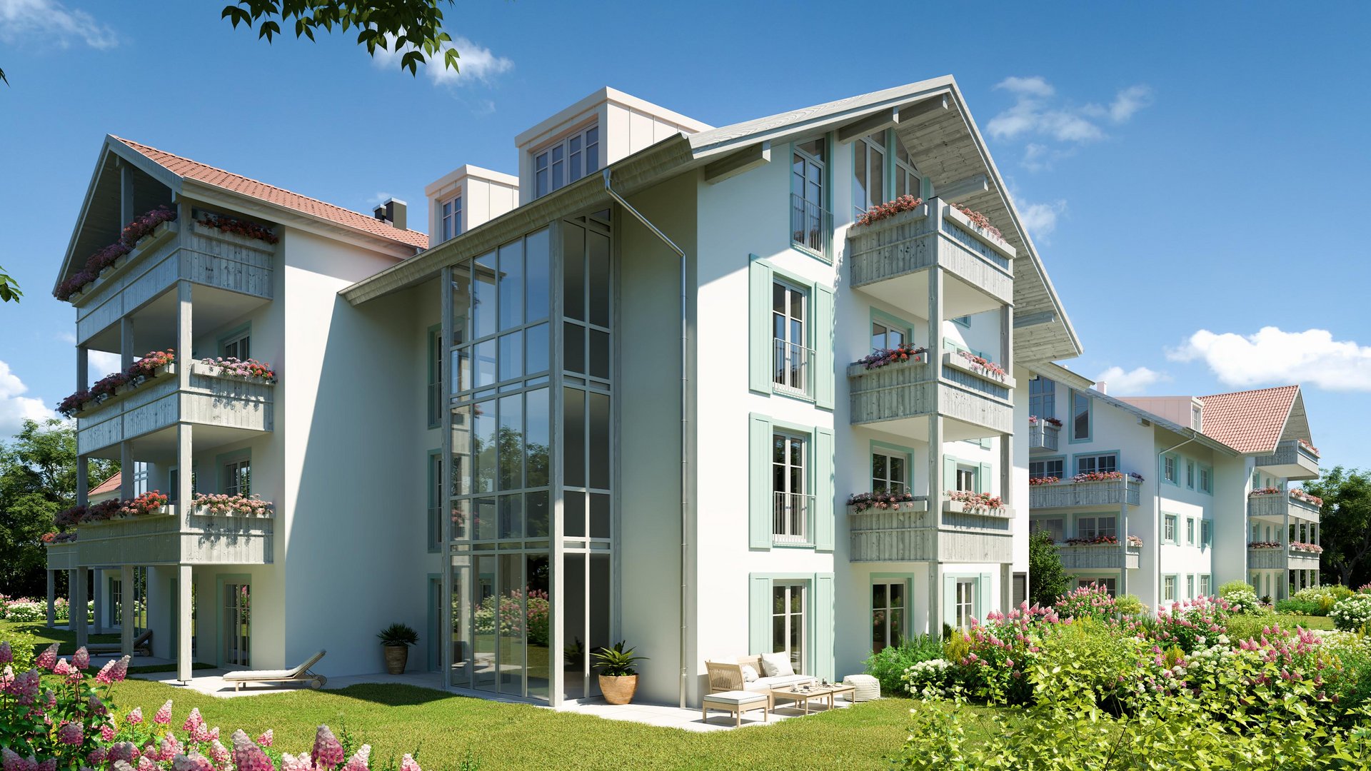 Architectural Visualization of a contemporary apartment building in Bad Tölz with a large glass facade, bright balconies adorned with flowers, and a landscaped garden under clear skies.
