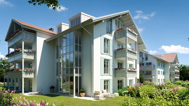 Architectural Visualization of a contemporary apartment building in Bad Tölz with a large glass facade, bright balconies adorned with flowers, and a landscaped garden under clear skies.