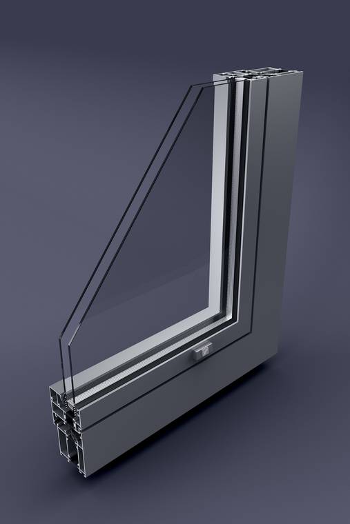 3D Visualisierung eines modernen Aluprof Aluminium-Fensterprofils mit Dreifachverglasung, detailgetreu dargestellt auf grauem Hintergrund