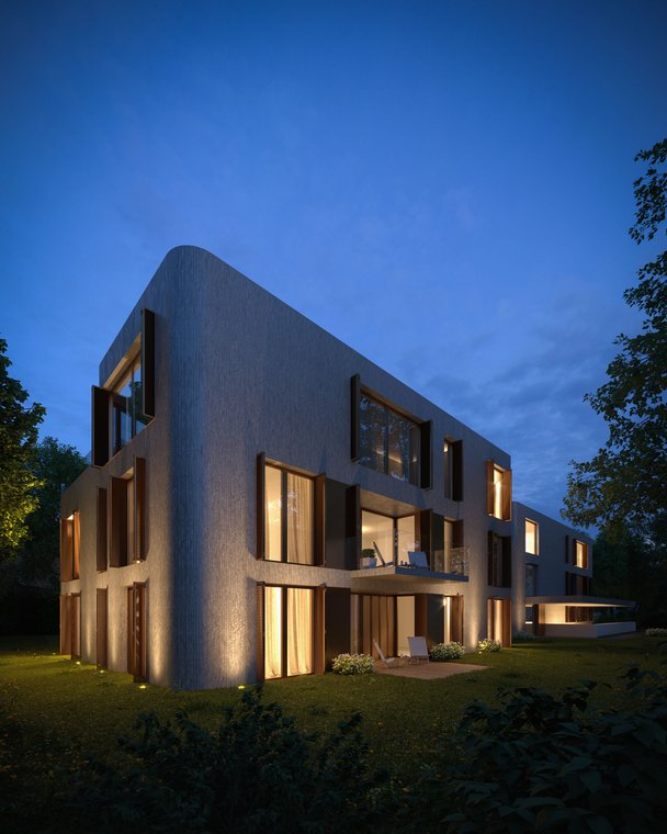 Architectural rendering of a residential complex in Berlin with illuminated facades in the evening