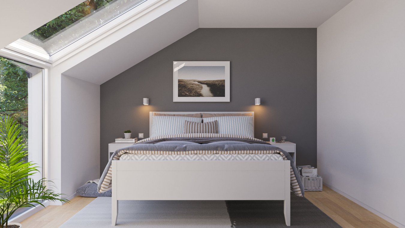 Bedroom with large skylight and modern interior design.