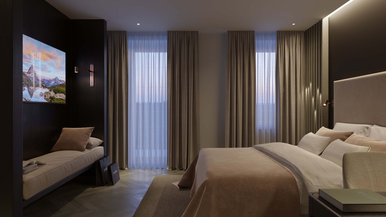 Architectural Visualization of a hotel room with a large bed, modern lights, and tall curtains creating a cozy ambiance.
