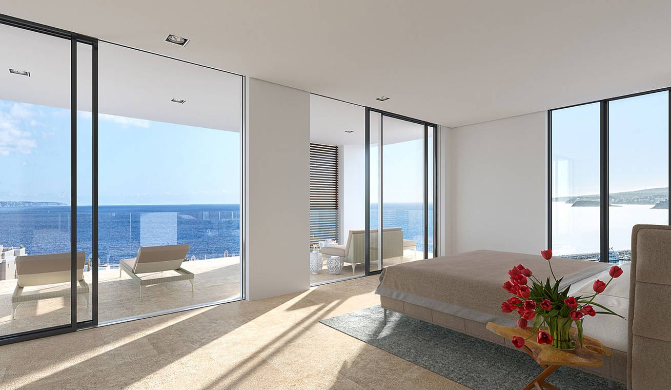 3D Rendering Schlafzimmer mit Meerblick in einer Luxusresidenz auf Mallorca