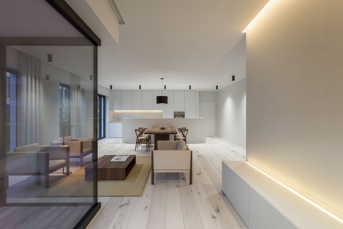 3d visualisierung eines modernen Interieurs mit offener Wohnküche, minimalistischer Einrichtung, weißen Oberflächen und natürlichem Holzdesign