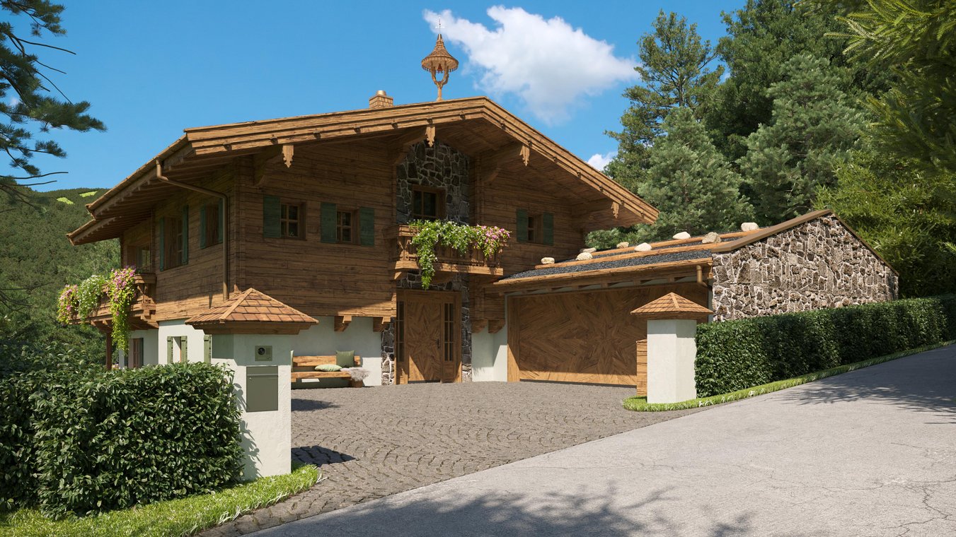 3D visualization of the entrance façade of a chalet in Kitzbühel, featuring an elaborately designed wooden gate, natural stone walls, and an alpine character – created by gmsvision.