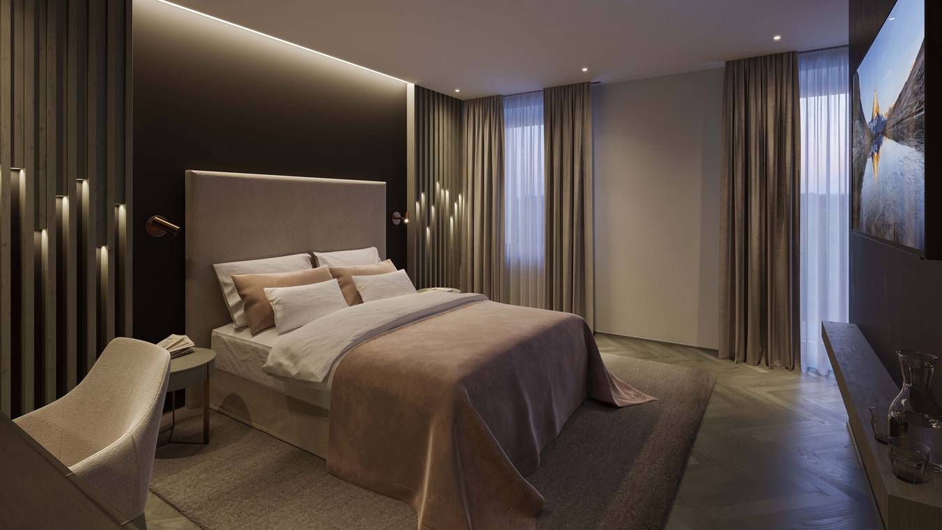 fotorealistische Architekturvisualisierung eines modernen Hotelzimmers mit hochwertigem Interior Design