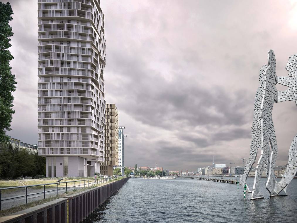Moderne Hochhausarchitektur in Berlin neben der Skulptur Molecule Man – 3D Visualisierung