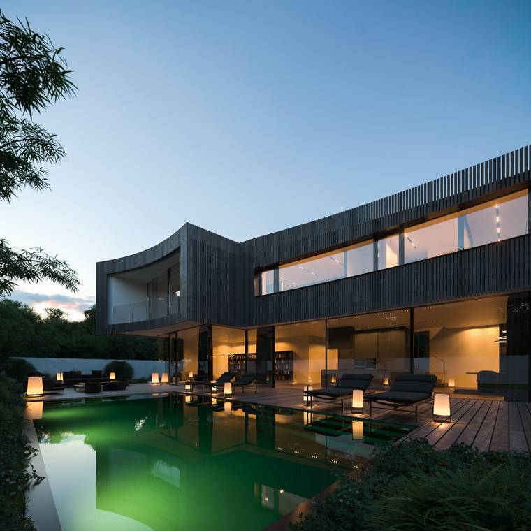 3D Architektur Rendering moderner Villenarchitektur in München mit Poolterrasse