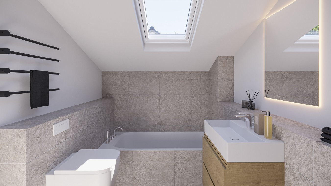 3D architectural visualization of an elegant bathroom with skylight, modern bathtub, and illuminated mirror, by gmsvision.