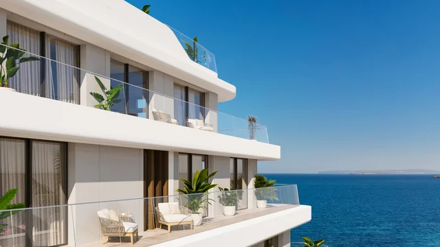 Detaillierte 3d visualisierung moderner Apartments auf Ibiza mit eleganten Glasgeländern und direktem Meerblick.