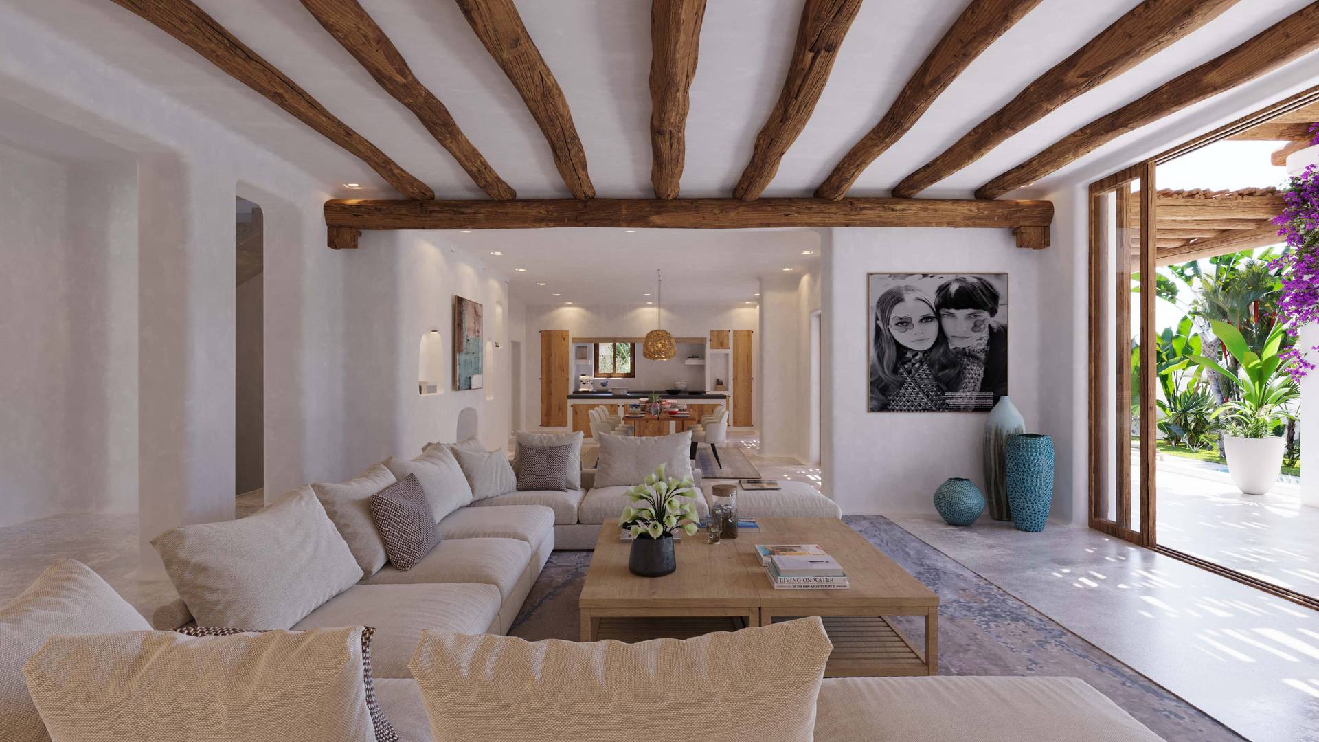 3D Innenraumvisualisierung des offenen Wohnbereichs mit Holzbalkendecke und ibizenkischem Design im Hippiements Village Ibiza