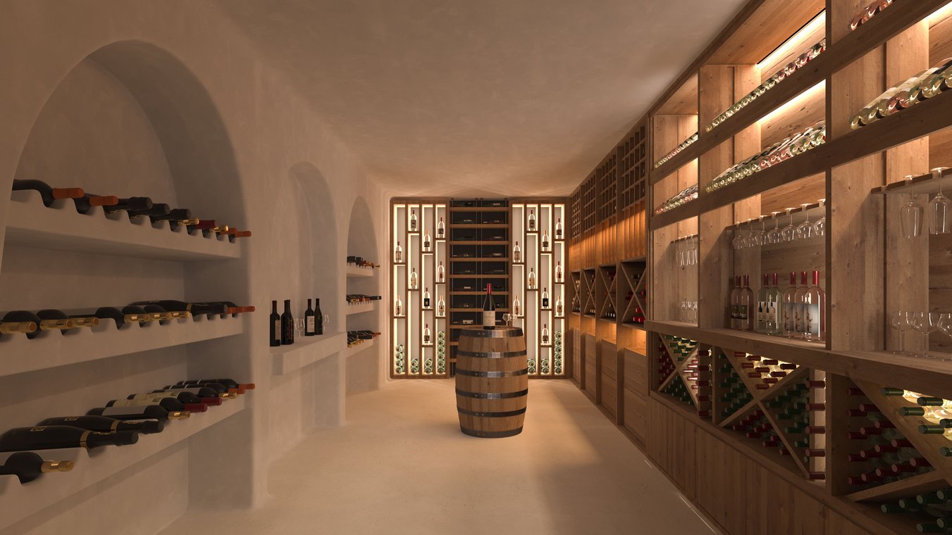 Exclusive wine cellar with wooden shelves, wine barrel, and ambient lighting in Ibiza.