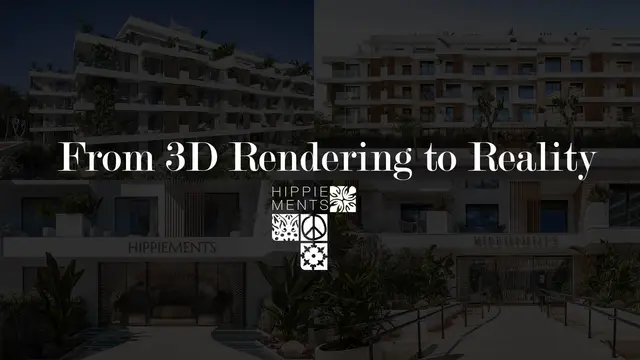 Comparison between architectural 3D rendering and completed HIPPIEMENTS residential project entrance and façade in Ibiza