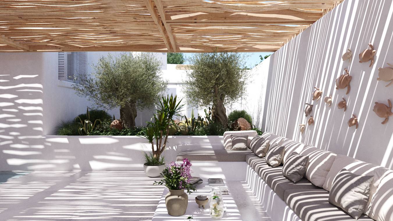 Luxuriöse Abendstimmung einer Villa Terrasse mit Beleuchtung und Pool in Ibiza – 3D Visualisierung