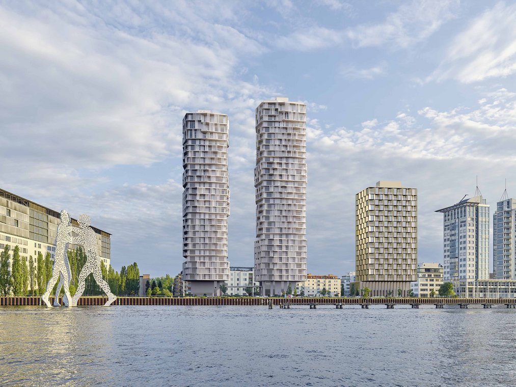 Two main towers on the Spree with Molecule Man sculpture in daylight, high-quality 3D Visualization by gmsvision