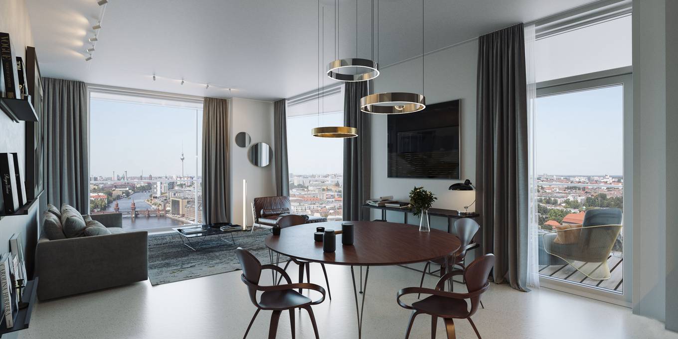3D Interior Visualisierung eines modernen Apartments in Berlin mit Blick über die Spree