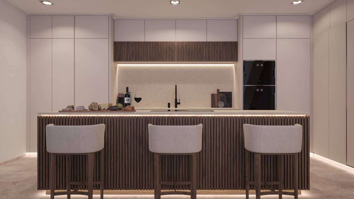 Moderne Kücheninsel mit Barhockern und indirekter Beleuchtung – Interior Visualisierung Luxuswohnung Mallorca