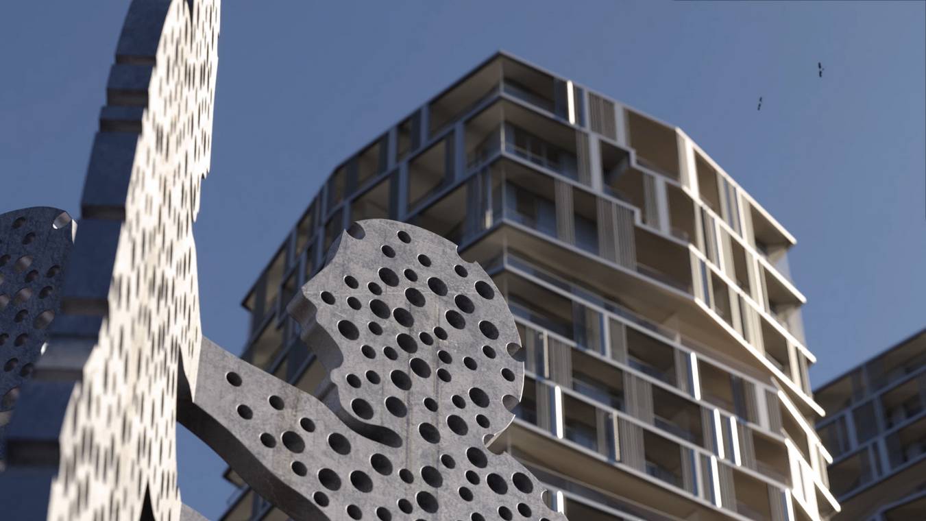 Detail der Molecule Man Skulptur vor moderner Hochhausarchitektur in Berlin – 3D Visualisierung