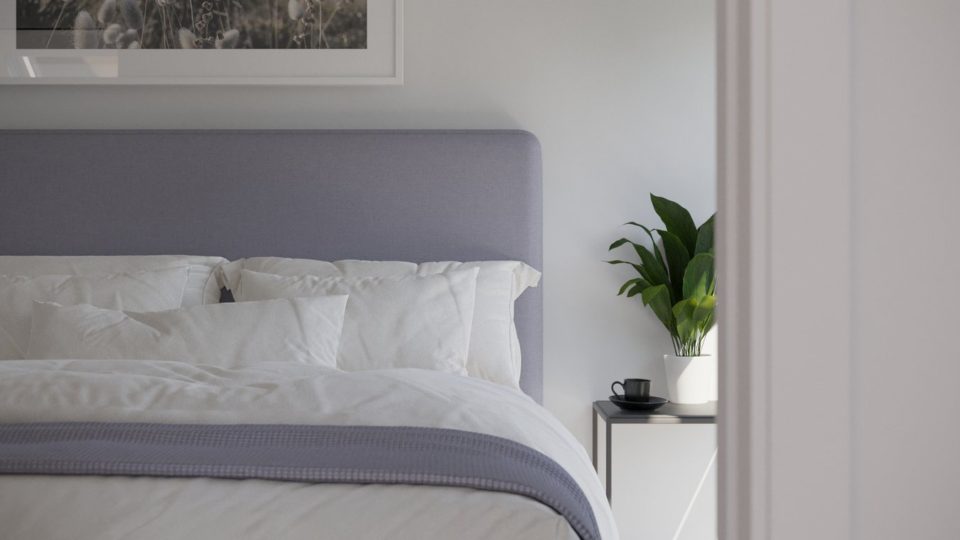 Detail view of bedroom with bed, headboard, and green plant, high-quality 3D Visualization by gmsvision