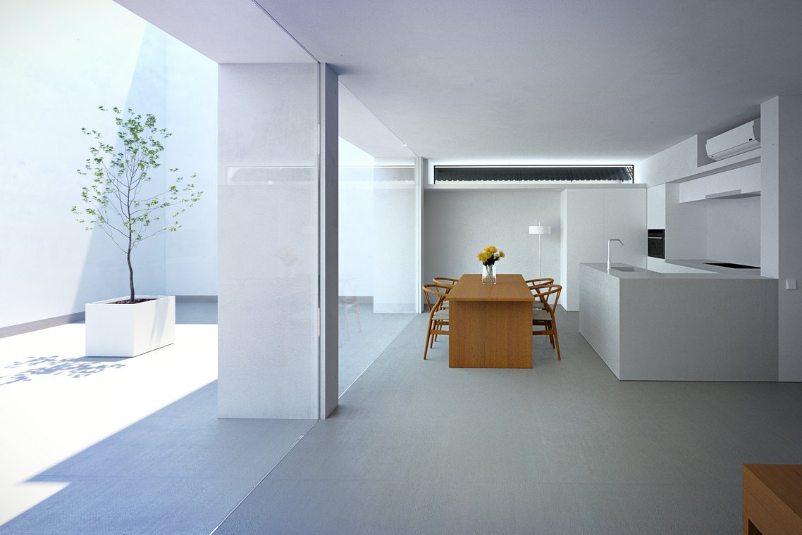3D Visualization of a modern dining area in the White Cave House Japan, wooden table and chairs contrasting with minimalist white architecture.
