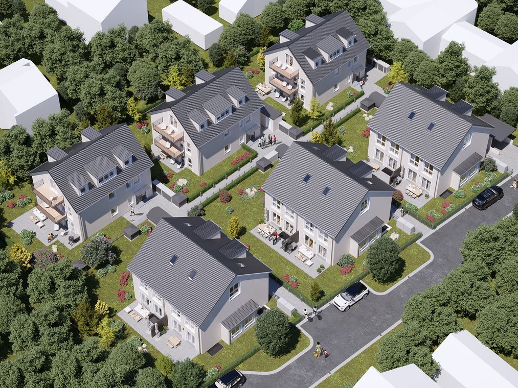 3D architectural visualization of a new residential development in Hanover from a bird’s-eye view, showing multiple modern houses, gardens, and streets, designed by gmsvision.