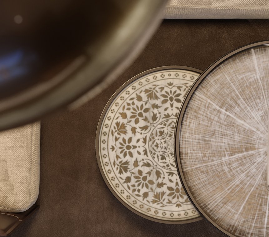 Product Visualization of a decorative table with floral patterns, close-up detail for interior design.
