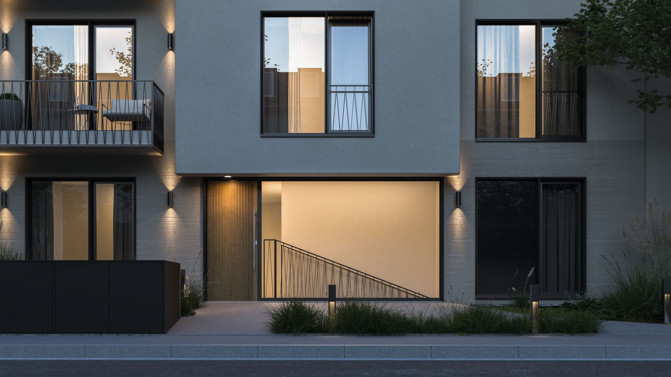 3D architectural visualization by gmsvision of the modern entrance of an apartment building with a glass facade and stylish lighting.