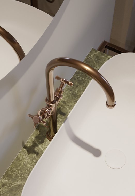 Product visualization of a luxurious bronze faucet on a green marble countertop next to a modern white sink.