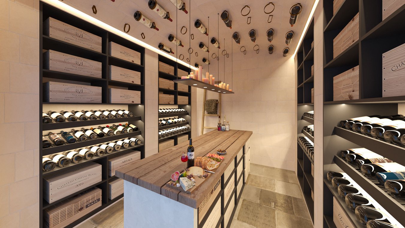 3D Visualization of an exclusive wine cellar in Kitzbühel with a wooden tasting table, fine wines, and atmospheric lighting, visualized by gmsvision.