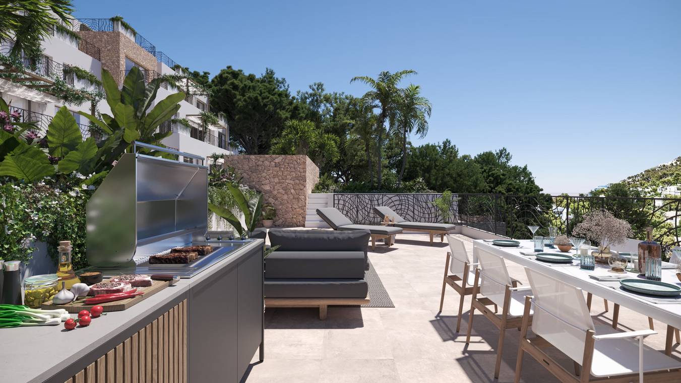 Große Dachterrasse mit Outdoor-Küche, Grill und Loungebereich – Architekturvisualisierung Mallorca