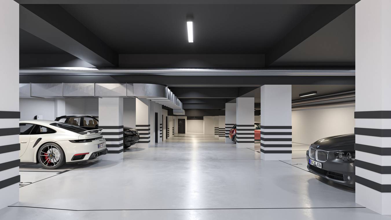 3D Visualisierung Tiefgarage in Augsburg – moderne Parkgarage mit exklusiven Stellplätzen für Luxusautos