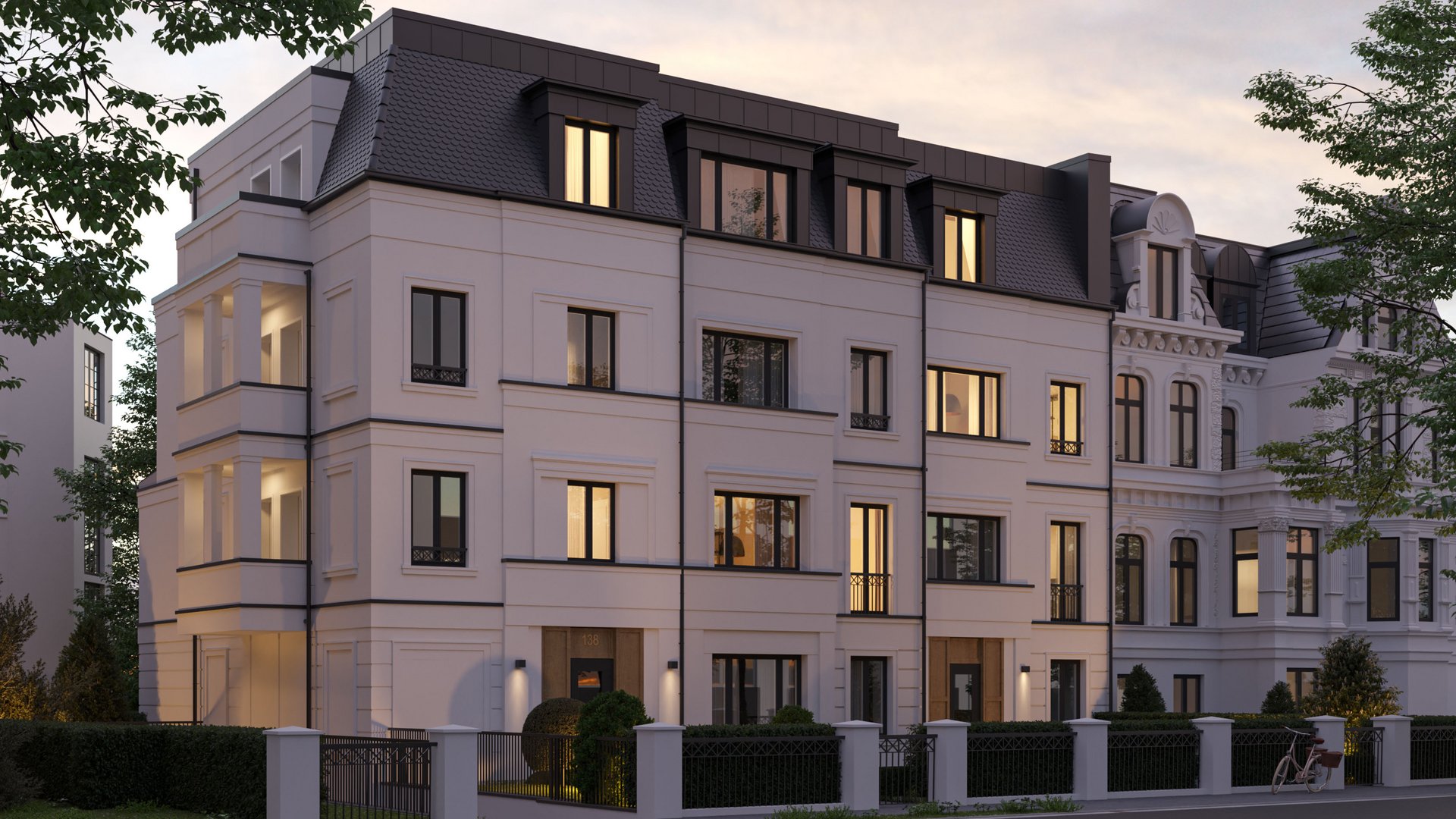 Architectural visualization of an elegant city villa in Hamburg, featuring a classic white façade, modern windows, and a stylish top floor at dusk.