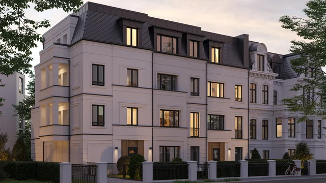 Architectural visualization of an elegant city villa in Hamburg, featuring a classic white façade, modern windows, and a stylish top floor at dusk.