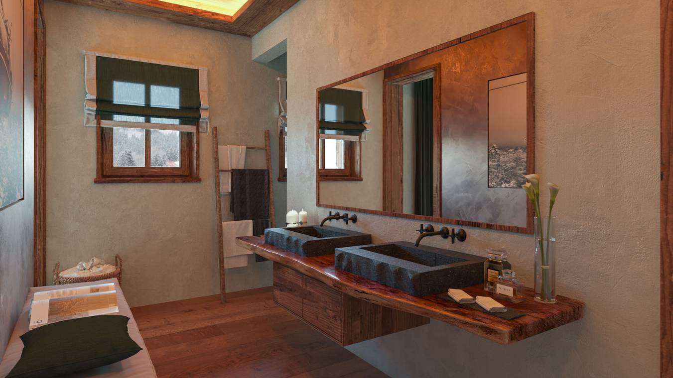 3D Innenraum Rendering eines luxuriösen Chalet Badezimmers mit Steinwaschbecken