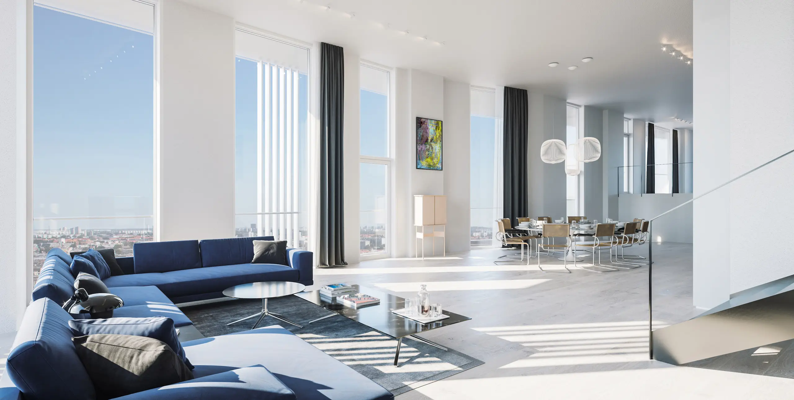 Fotorealistisches Rendering eines großzügigen Penthouse-Wohnzimmers mit Panoramafenstern