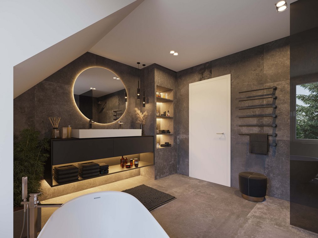 „Luxuriöses Bad mit dunklen Fliesen, beleuchtetem Spiegel und freistehender Badewanne, elegante 3d visualisierung von gmsvision