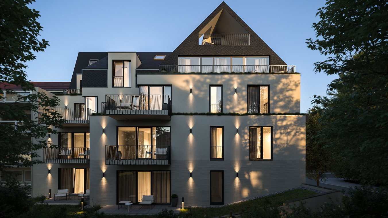 Photorealistic 3D architectural visualization by gmsvision of a modern apartment building with spacious balconies and atmospheric facade lighting at sunset.