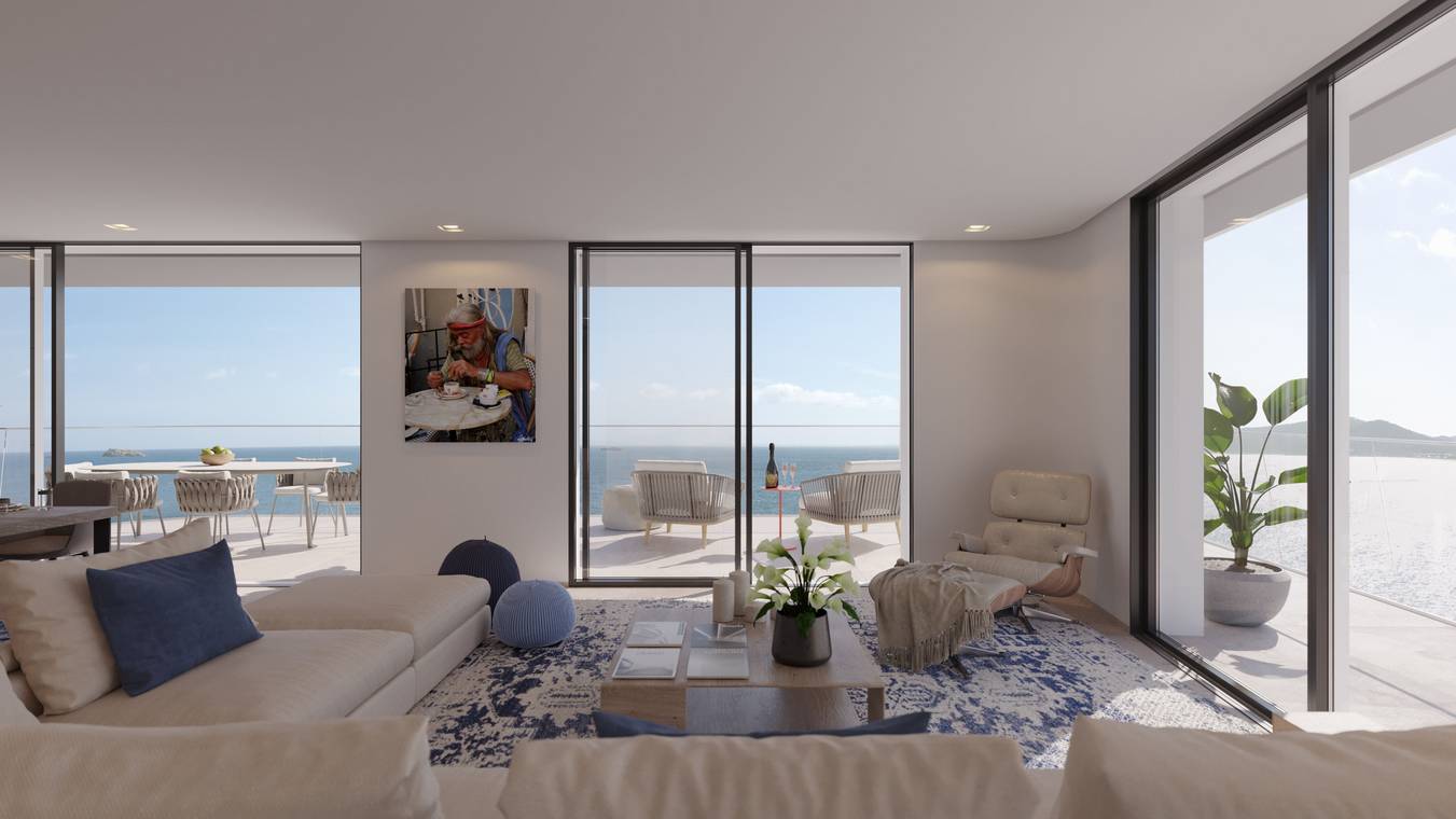 Interior 3D Visualization of a luxury Ibiza apartment with open-plan design, large glass fronts, and stunning sea views.