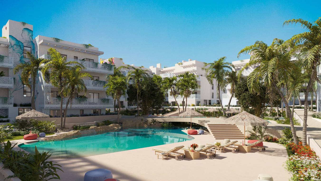 Luxuriöse Wohnanlage mit tropischem Poolbereich und Palmen – 3D Architekturvisualisierung Ibiza