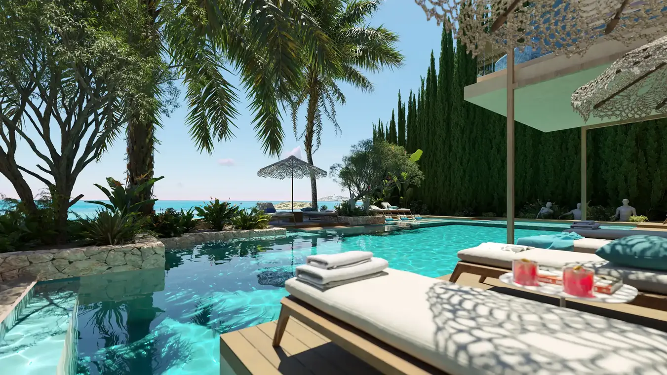 Architekturvisualisierung privater Beachclub mit Pool und Meerblick – ATLANTIS Ibiza