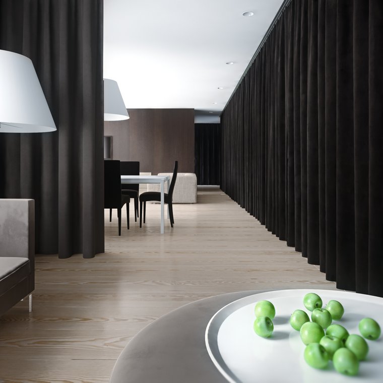 3D Visualization by gmsvision showing a Berlin dining area with a dramatic black curtain wall, a white dining table with black chairs, and minimalist interior design.