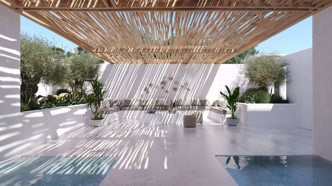 Minimalistischer Outdoor Sitzbereich mit Pergola und mediterranen Pflanzen – Architekturvisualisierung Ibiza
