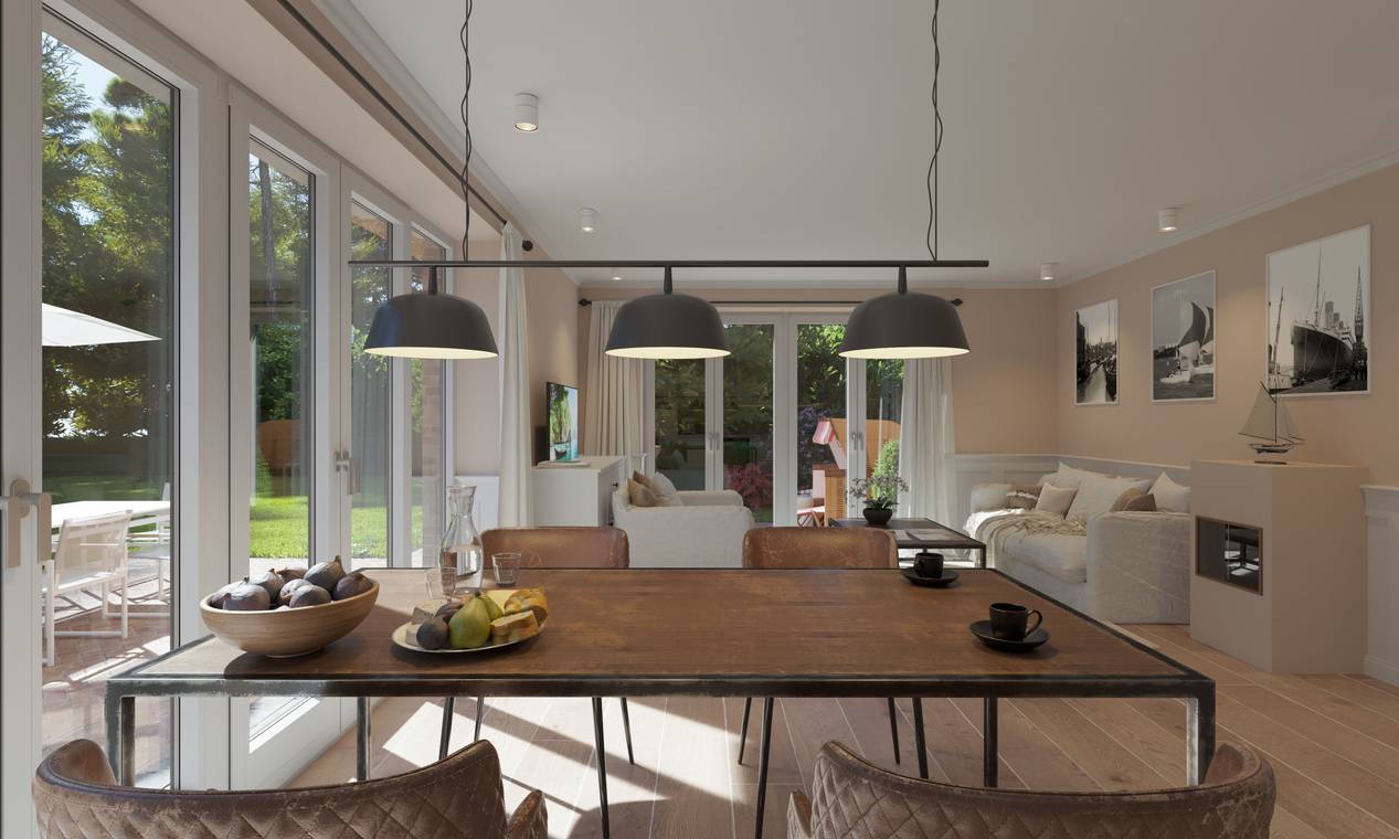 fotorealistische Architekturvisualisierung eines Wohn und Essbereichs in einem Wohnhaus