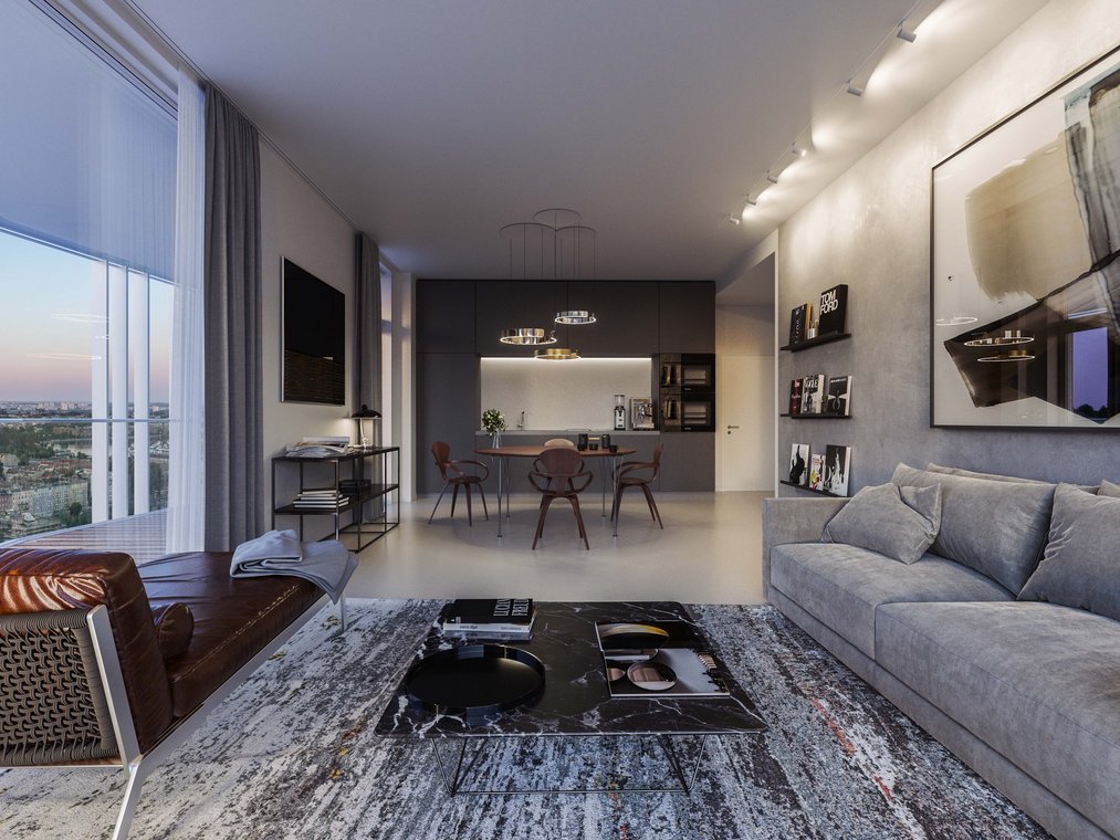 Modern living room in The Molecules Berlin with grey sofa, abstract wall art, open dining area and panoramic city view through large windows, high-quality 3D Visualization by gmsvision