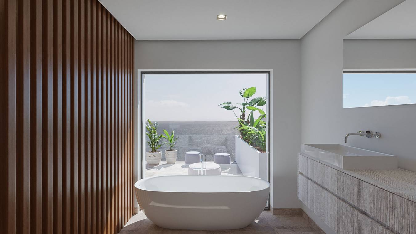Modernes Badezimmer mit freistehender Badewanne und Meerblick – Interior Visualisierung Ibiza