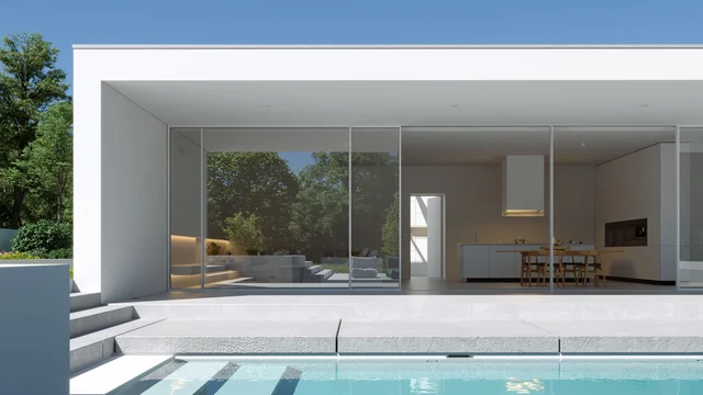 Modern architectural visualization of a minimalist design house in Düsseldorf with pool, open terrace, and large glass facades, created by gmsvision.