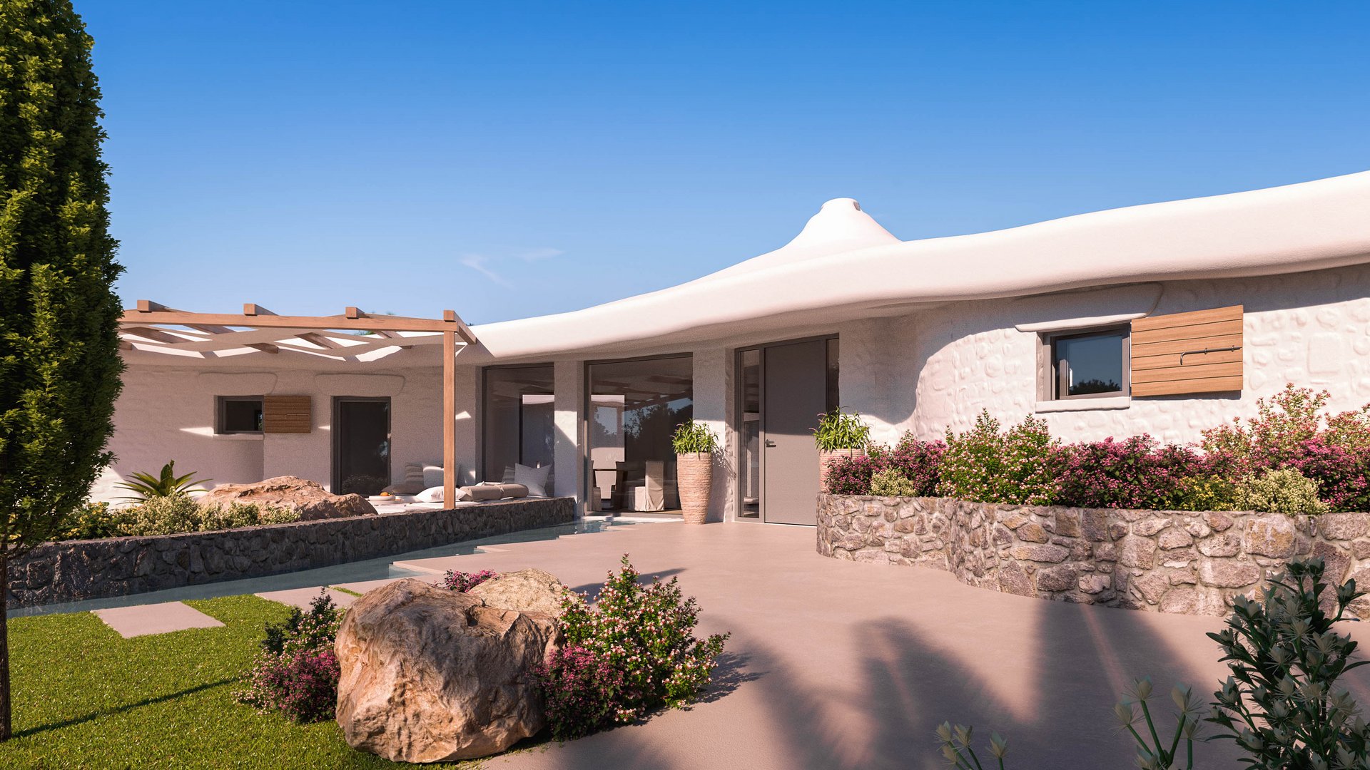 3d visualisierung einer mediterranen Villa in Sardinien mit geschwungenem weißen Dach, Natursteinmauern, bunten Blumenbeeten und sonnigem Hof.