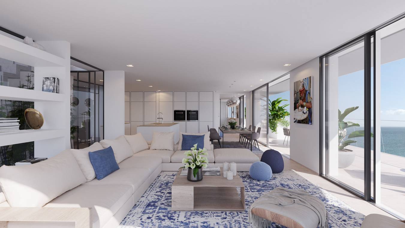 Offener Wohn- und Essbereich mit moderner Küche und Meerblick – fotorealistische Interior Visualisierung Ibiza