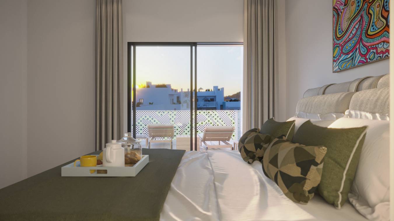 Schlafzimmer mit Balkon und Sonnenuntergangsausblick – 3D Interior Visualisierung Ibiza