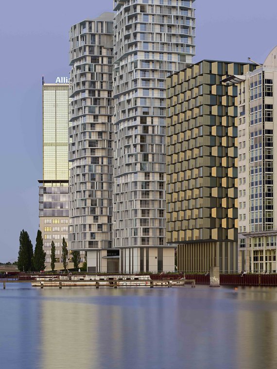 Close-up of modern façade textures of the riverside towers, detailed 3D Visualization by gmsvision